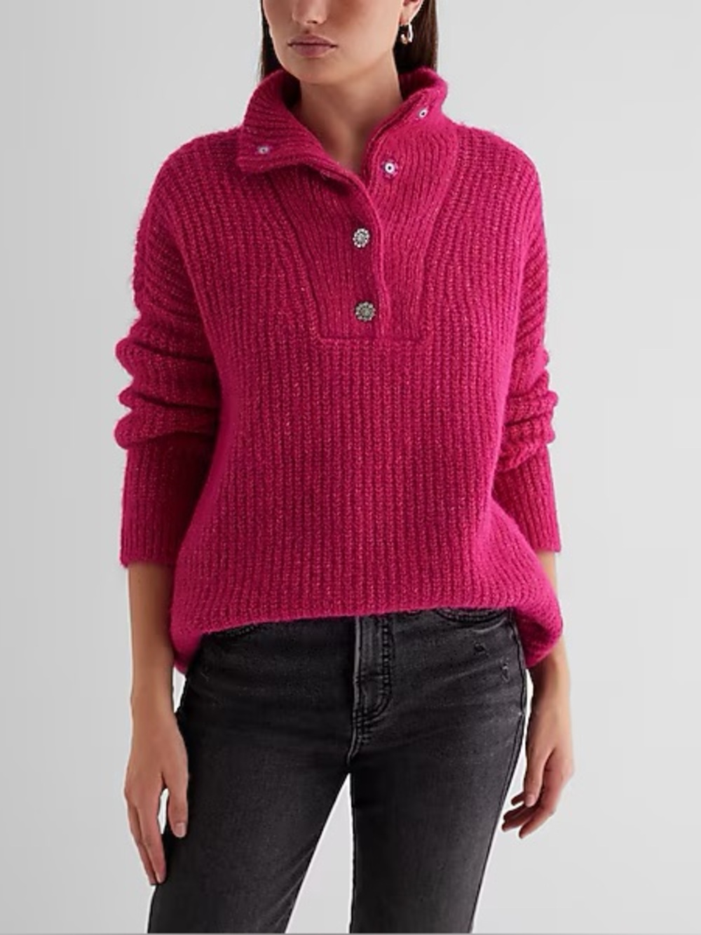 Express Pink Fuzzy Knit Embellished Quarter Snap Sweater